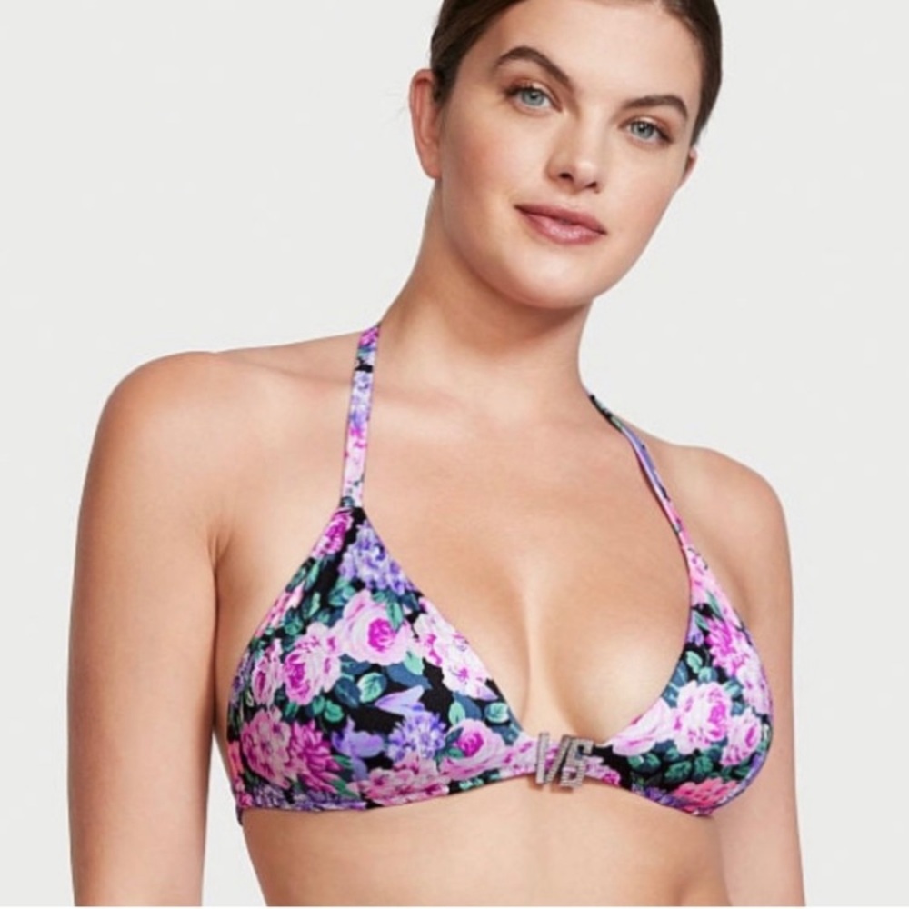 NWT Victoria’s Secret Swim Shine Triangle Halter Bikini Top Floral Black XS